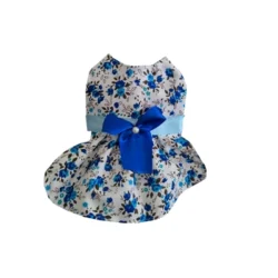 Vestido de Huasa Floreado Blanco y Flores Azules y Celestes